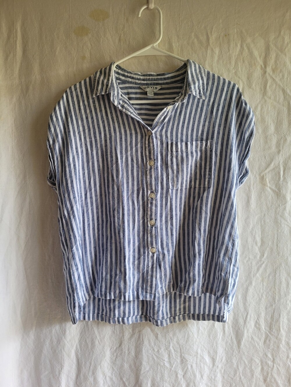 Orvis Linen Blend Short Sleeve Button Front Shirt Sz Small Striped Coastal Boxy